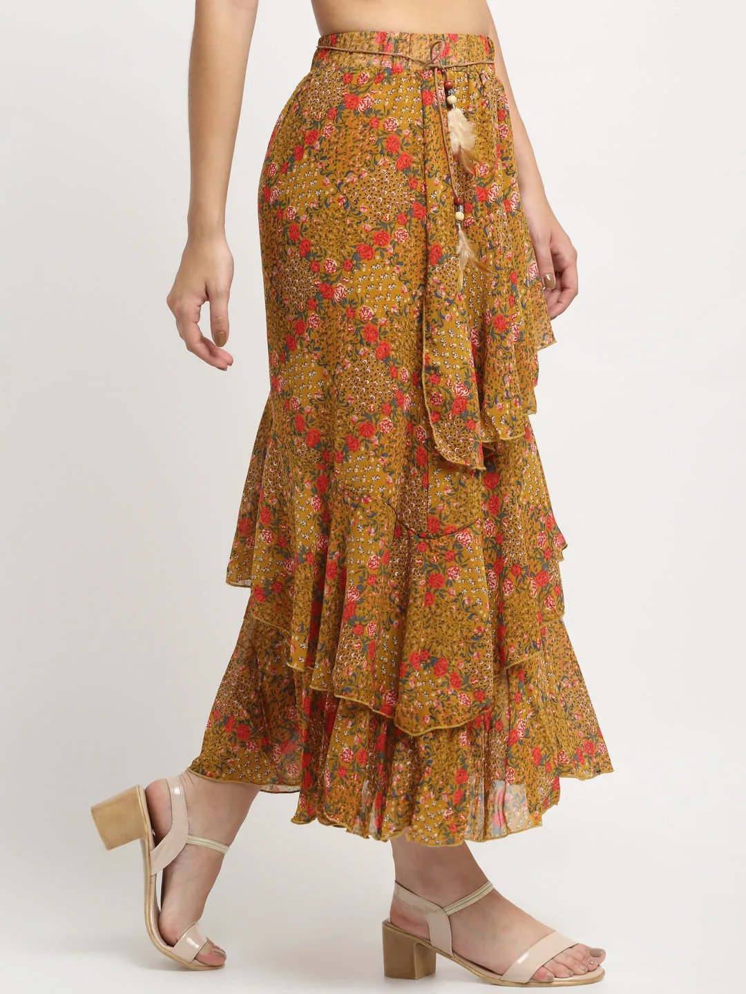 Women Brown Floral Printed Layered Maxi Skirt