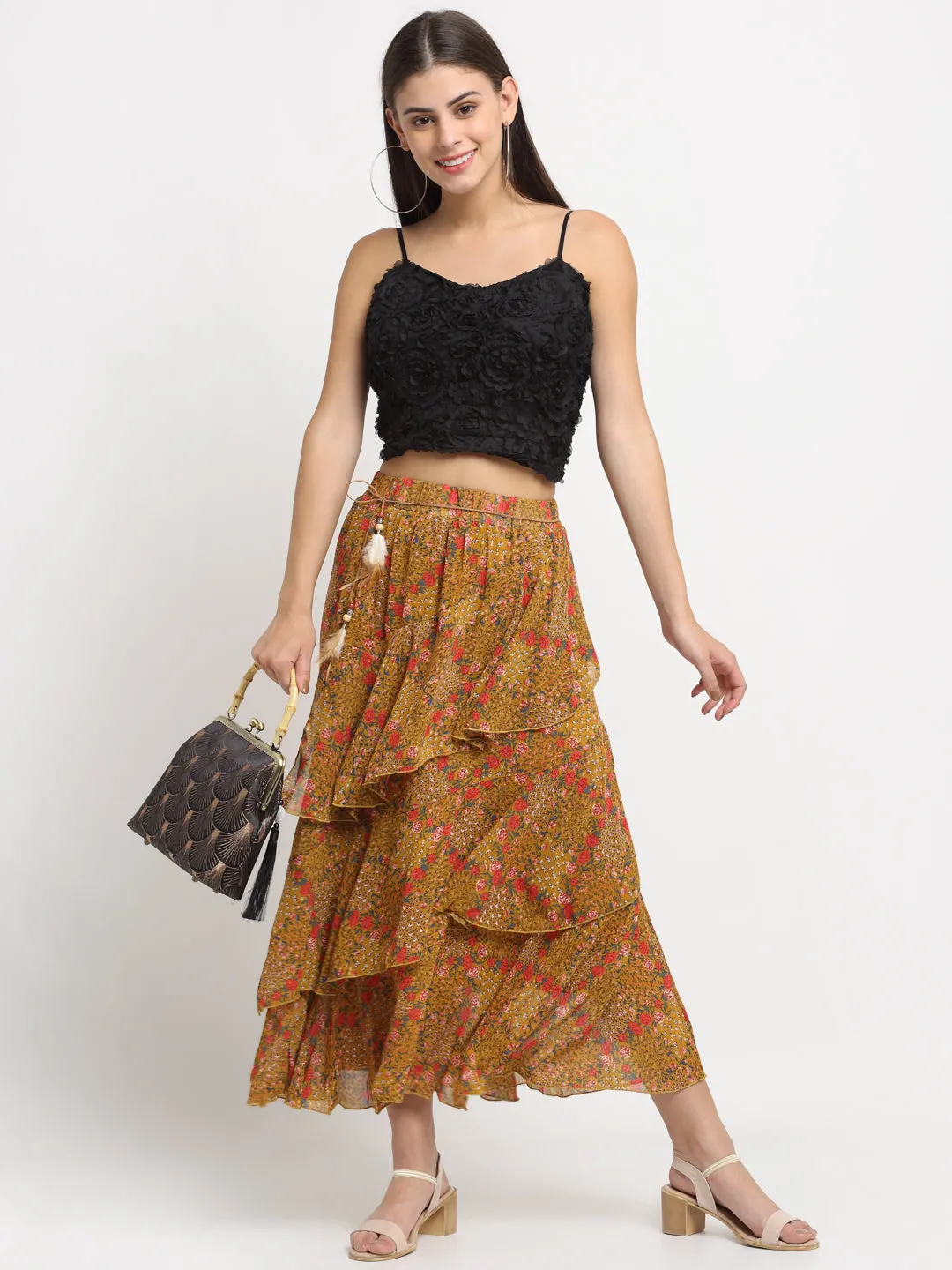 Women Brown Floral Printed Layered Maxi Skirt