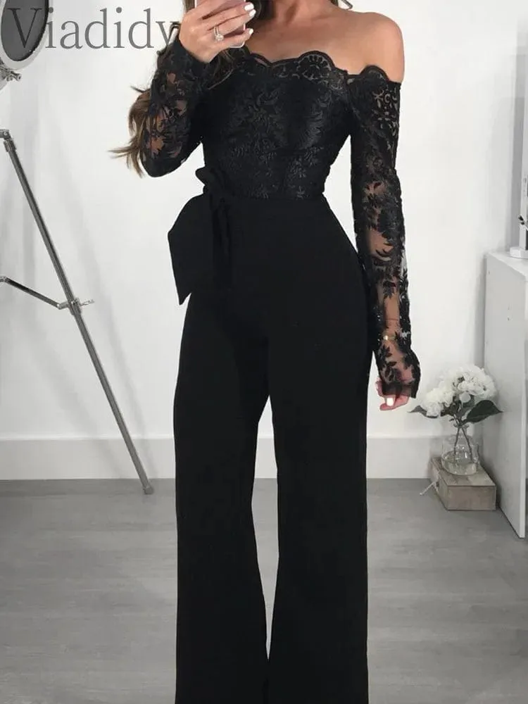 Women Off Shoulder Mesh Embroidery Long Sleeve Flare Jumpsuit With Belt