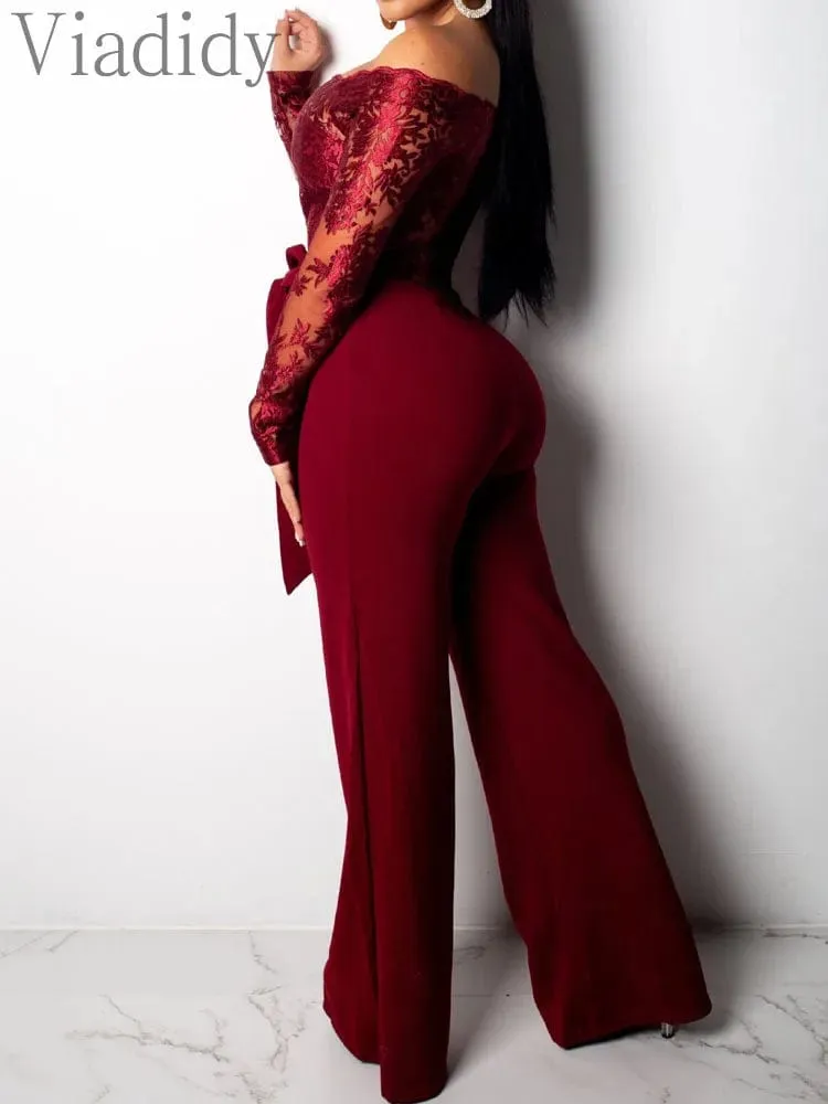 Women Off Shoulder Mesh Embroidery Long Sleeve Flare Jumpsuit With Belt