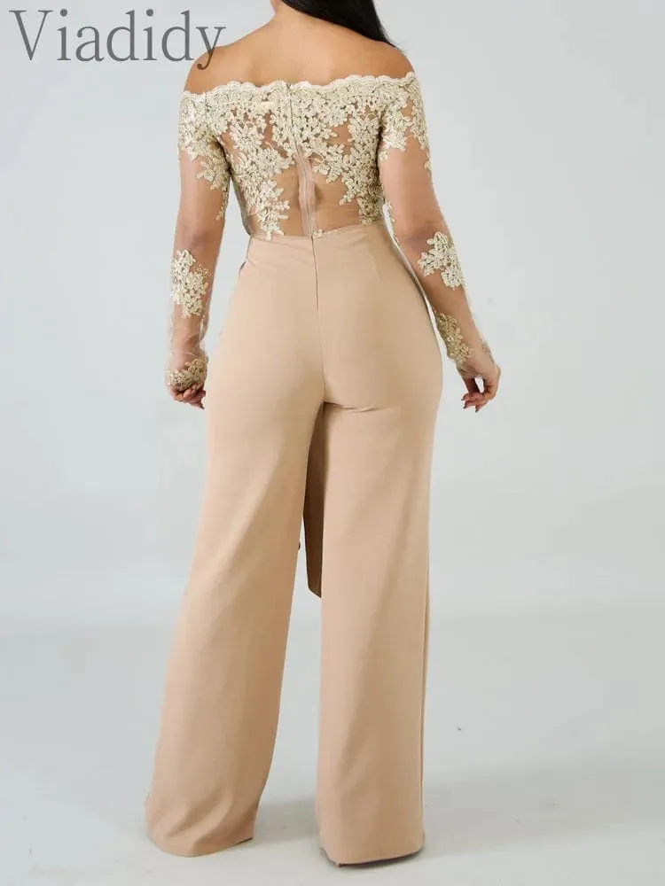 Women Off Shoulder Mesh Embroidery Long Sleeve Flare Jumpsuit With Belt