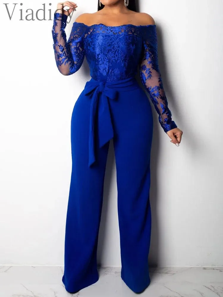 Women Off Shoulder Mesh Embroidery Long Sleeve Flare Jumpsuit With Belt