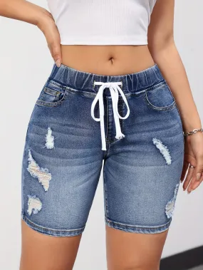 Women's Chic Ripped Denim Shorts - Comfortable Drawstring Waist, Casual Whiskered Detail, Versatile Pockets - Perfect for Everyday Wear