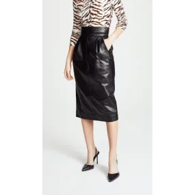 Womens High Waisted Pure Black Leather Midi Length Skirt