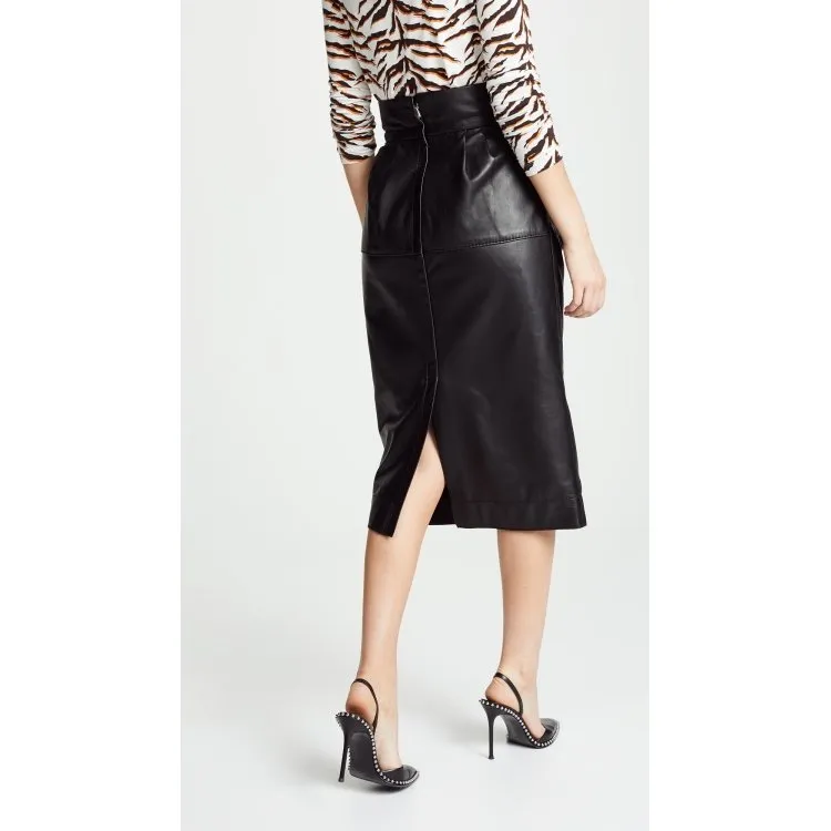 Womens High Waisted Pure Black Leather Midi Length Skirt