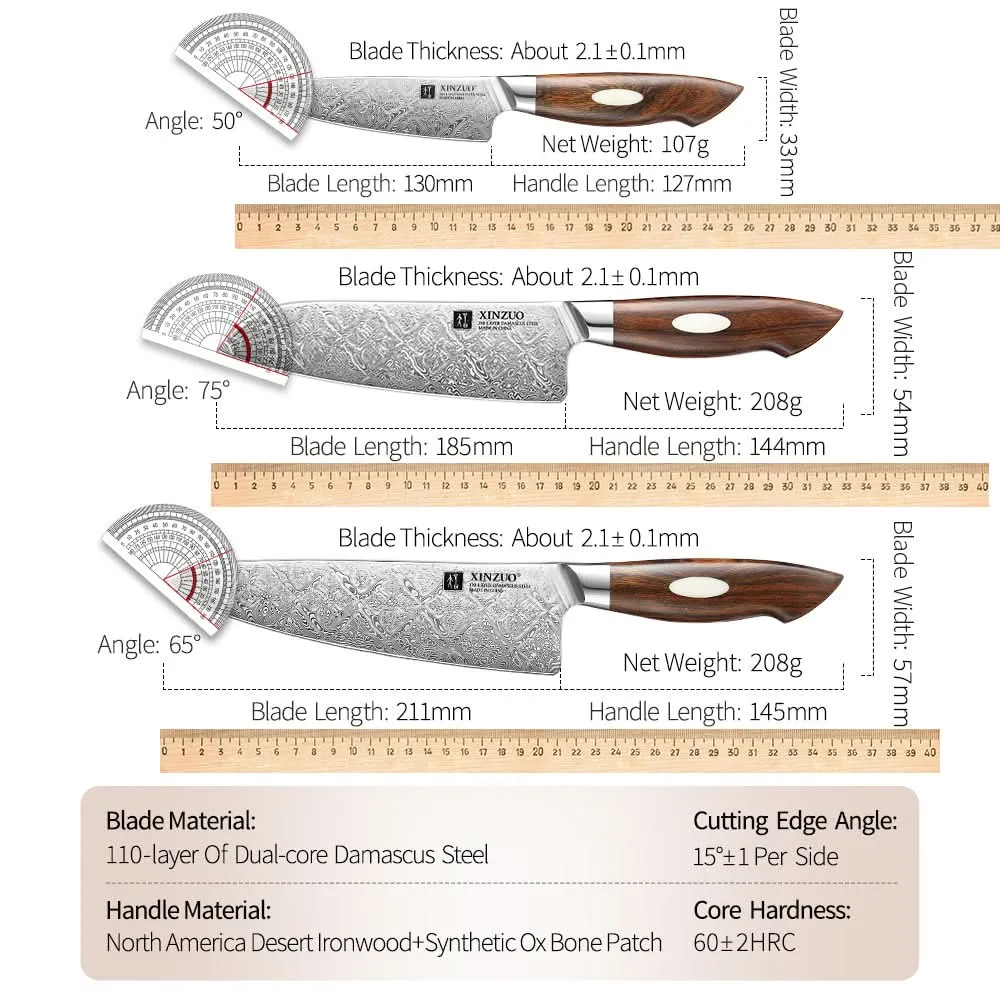 XINZUO 3-Piece  110 Layers Damascus Steel Kitchen Knife Set-Jiang Series