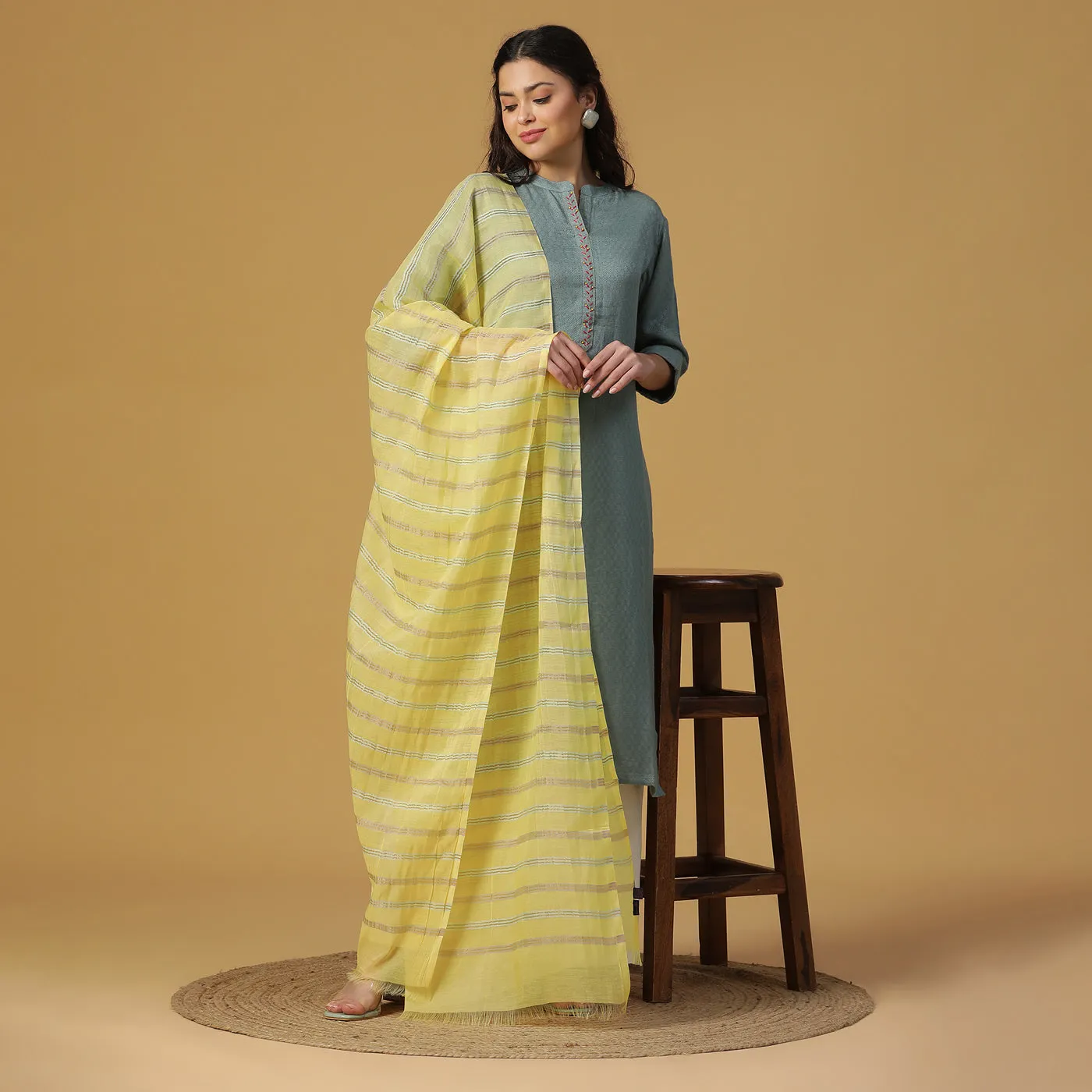 Yellow Silk Blend Dobby Dupatta